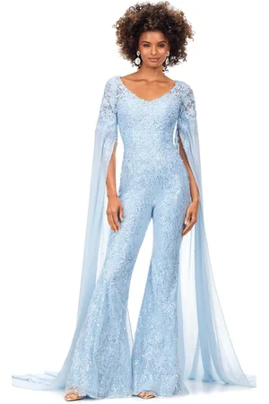 Ashley Lauren 11254 - Embroidered Lace Sheer Sleeved Jumpsuit