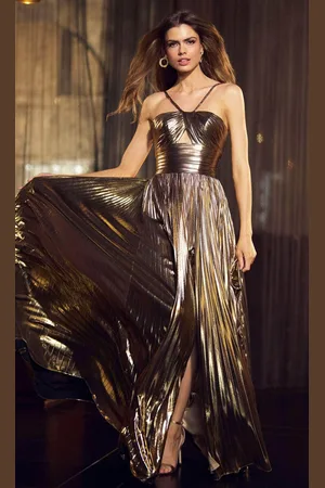 Sherri Hill 55930 - Metallic Pleated Halter Neck Gown