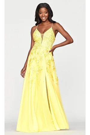 FAVIANA S10640 Embroidered Applique Plus Size Prom Gown with Slit