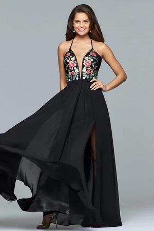 FAVIANA 10000 Plunging Floral Embroidered Chiffon Simple Prom Gown
