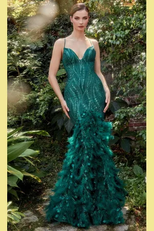 Andrea and Leo A1171 - Feather-Detailed Trumpet Evening Dress