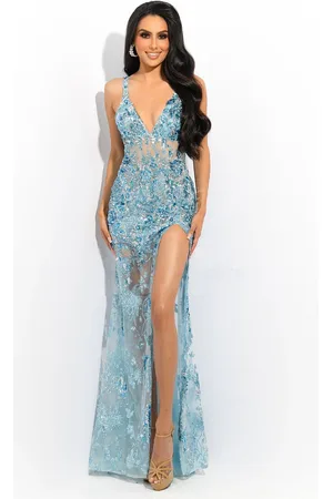 Jasz Couture 7367 Embroidered Sheer Sleeveless V-Neck Dress