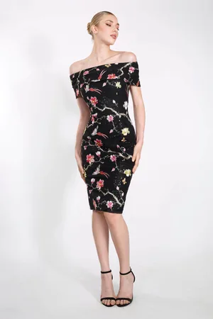 Janique 2044 Floral Embroidered Off-Shoulder Dress