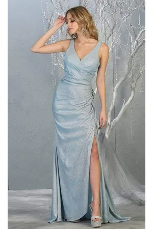 May Queen MQ1768 Pleat-Ornamented Metallic High Slit Dress