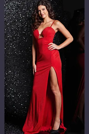 JOVANI 38142 - Stone Embellished Slit Long Dress