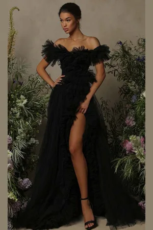 TARIK EDIZ 98055 Tulle Ruffled A-Line Slit Gown