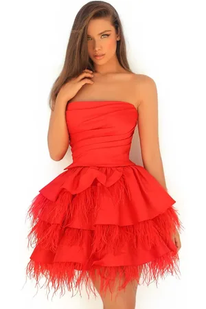 TARIK EDIZ 51090 Strapless Feather-Trimmed Dress