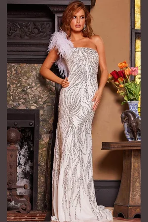 JOVANI 25690 - Feather Strap Sequin Prom Dress