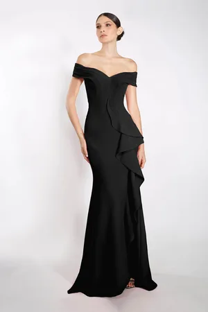 Janique K6876 Off Shoulder Ruffle Slit Trumpet Gown