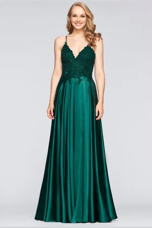 FAVIANA S10400 Beaded Lace V Neck Flowy Satin Gown