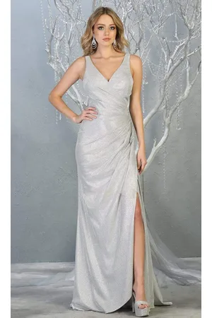 May Queen MQ1768 Pleat-Ornamented Metallic High Slit Dress