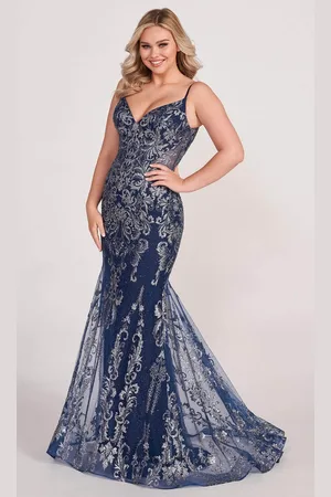 Ellie Wilde EW34056 - Glittered V-Neck Mermaid Prom Gown