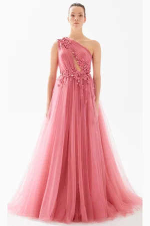 TARIK EDIZ 98275 - Floral Appliqued Asymmetric Evening Dress
