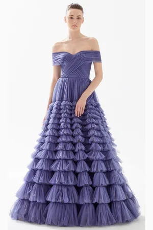 TARIK EDIZ 98306 - Off Shoulder Tiered Tulle Evening Gown