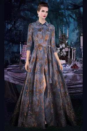 Janique 71321 Cuffed Quarter Sleeve Button Down Jacquard Dress