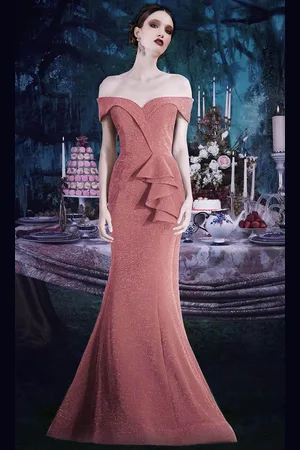 Janique 2936 Shimmer Off Shoulder V Neck Trumpet Gown