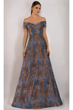 Janique 5621 Off Shoulder Metallic Accented Jacquard Gown