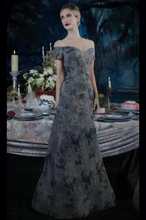 Janique 5621 Off Shoulder Metallic Accented Jacquard Gown
