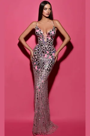 TARIK EDIZ 53114 - Beaded Plunging Long Gown
