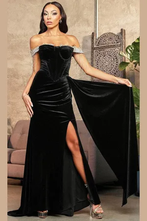 May Queen RQ8033 - Beaded Fringed Off Shoulder Prom Gown