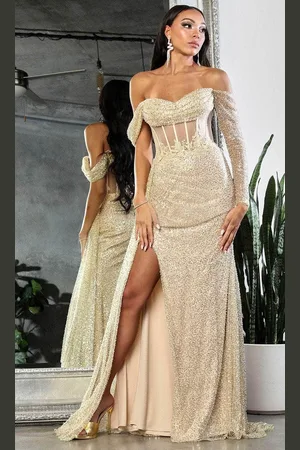 May Queen RQ8050 - Cowl Neck Illusion Midriff Prom Gown
