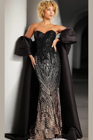 JOVANI 38746 - Satin Cape Beaded Long Gown