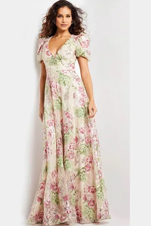 JOVANI 37636 - Plunging Floral Sheath Long Dress