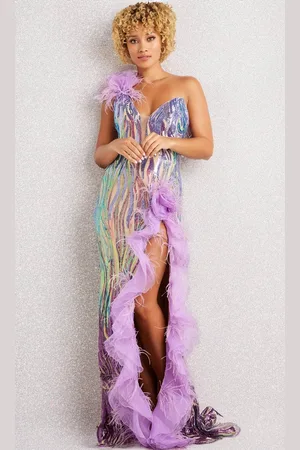 JOVANI 38678 - Sequined Illusion Ruffled Long Dress