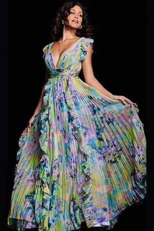 JOVANI 34412 - Floral Flutter Long Dress