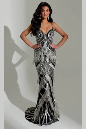 Jasz Couture 7567 - Sleeveless Fringe Embellished Evening Dress