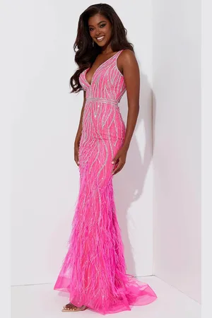 Jasz Couture 7541 - Sleeveless Feather Detailed Prom Dress