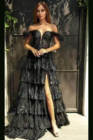 Portia and Scarlett PS24525 - Feather Detailed Off-Shoulder Prom Dress