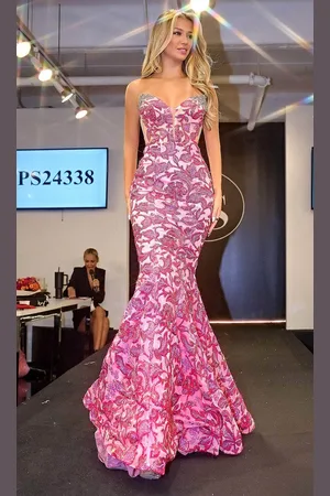Portia and Scarlett PS24338 - V-Neck Floral Beaded Prom Gown