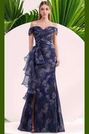 Janique W3017 - Ruffle Drape Floral Print Gown