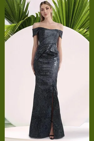 Janique 1020 - Off-Shoulder Peplum Gown