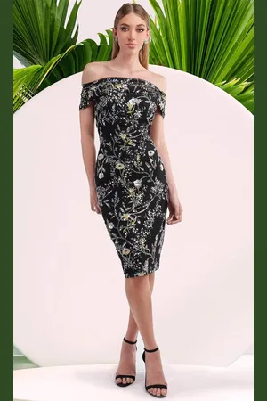 Janique 5044 - Floral Print Off-Shoulder Dress