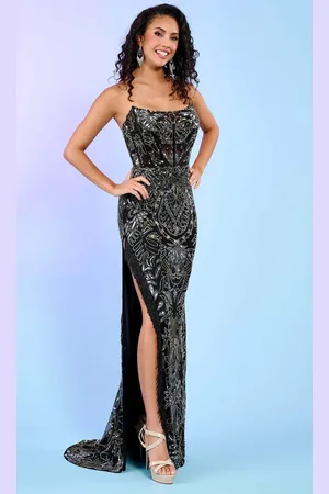 Rachel Allan 70518 - Bead Fringed Slit Prom Dress