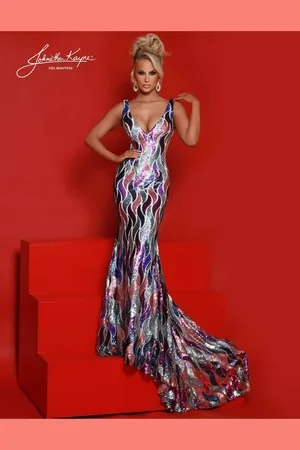 Johnathan Kayne 2687 - V-Neck Multi Sequin Evening Gown