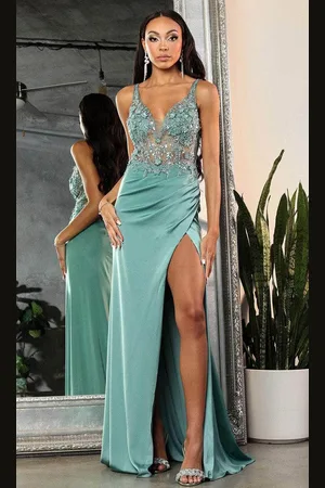 May Queen MQ2028 - Sheer Applique Prom Dress with Slit