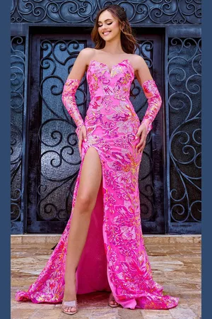 Portia and Scarlett PS24319 - Floral Sequined V-Neck Prom Gown