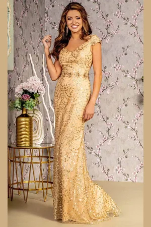 GLS by Gloria GL3414 - Sequin Embellished V-Neck Evening Dress