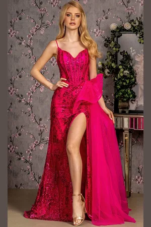 GLS by Gloria GL3459 - Basque High Slit Evening Dress