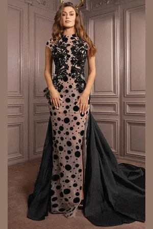 Gatti Nolli Couture GA-7075 - Polkadot Cap Sleeve Evening Dress