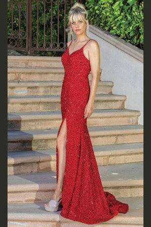 Dancing Queen 4254 - V-neck Lace Up Back Evening Gown