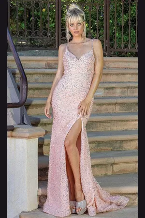 Dancing Queen 4254 - V-neck Lace Up Back Evening Gown