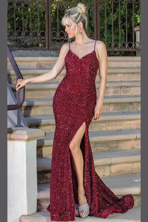 Dancing Queen 4254 - V-neck Lace Up Back Evening Gown