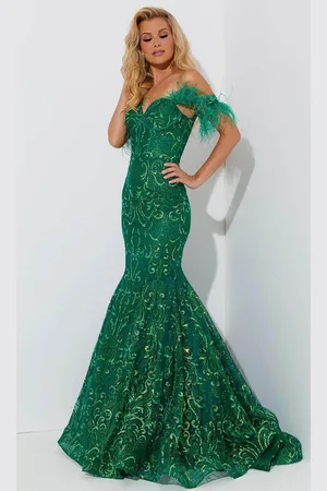 Jasz Couture 7568 - Feather Off-Shoulder Mermaid Prom Dress