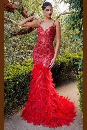 Andrea and Leo V-Neck Feather Mermaid Evening Dress