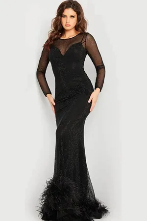 JOVANI 26047 - Feather Detailed Long Sleeve Evening Dress