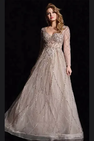 JOVANI 38589 - Sheer Long Sleeve Beaded Prom Gown